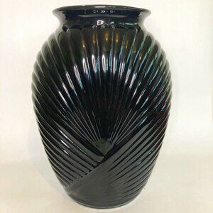 Vintage Anchor Hocking Vase Art Deco 1980s Draped Ribbed Pleated Black Glass